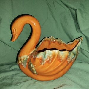 Vintage Swan Planter Orange Green Drip Glaze 8" Tall 9" Long and 5 1/2" wide